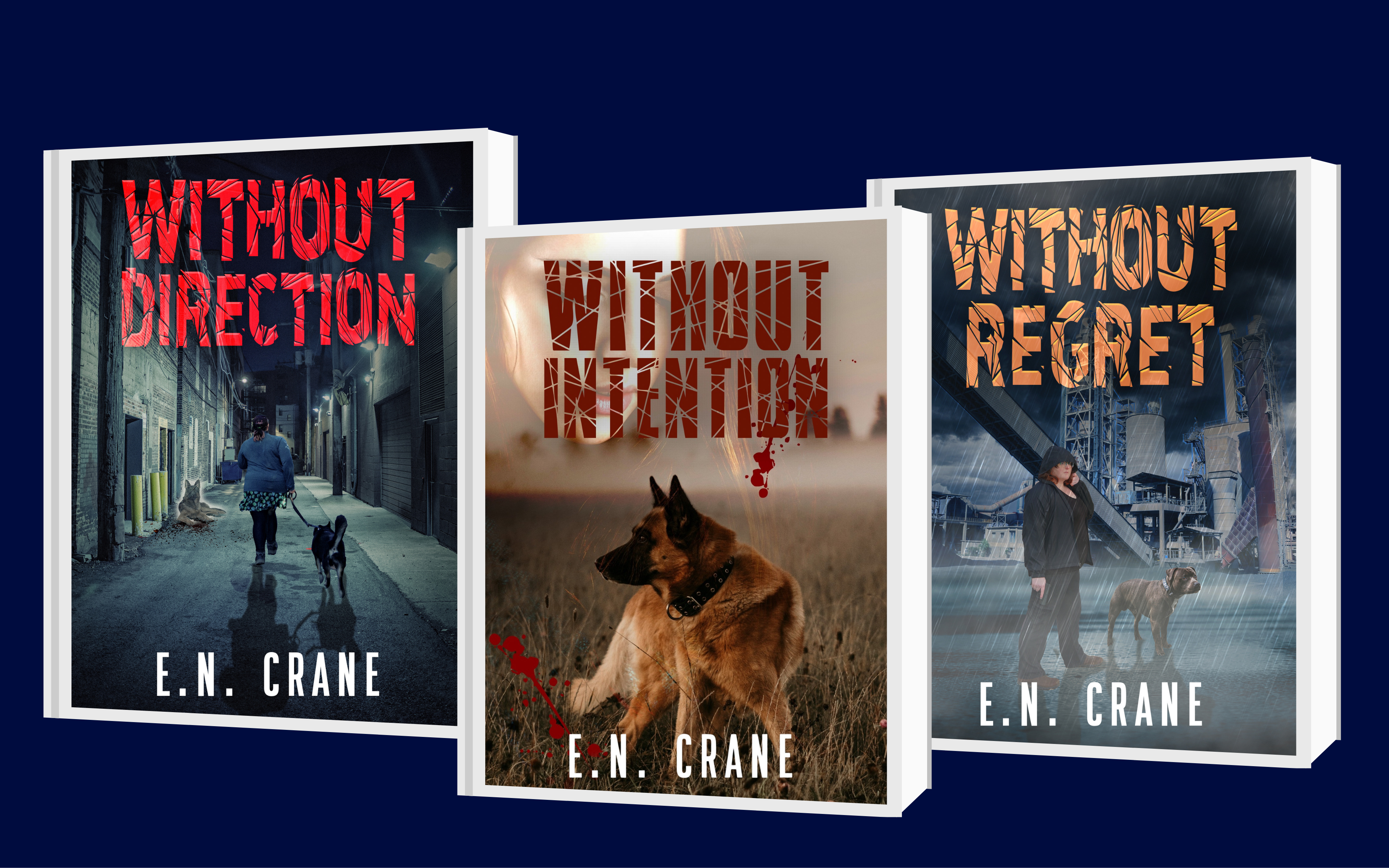 Blue background with three book cover photos