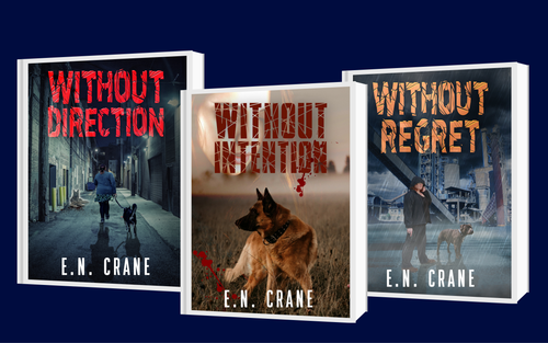 Blue background with three book cover photos